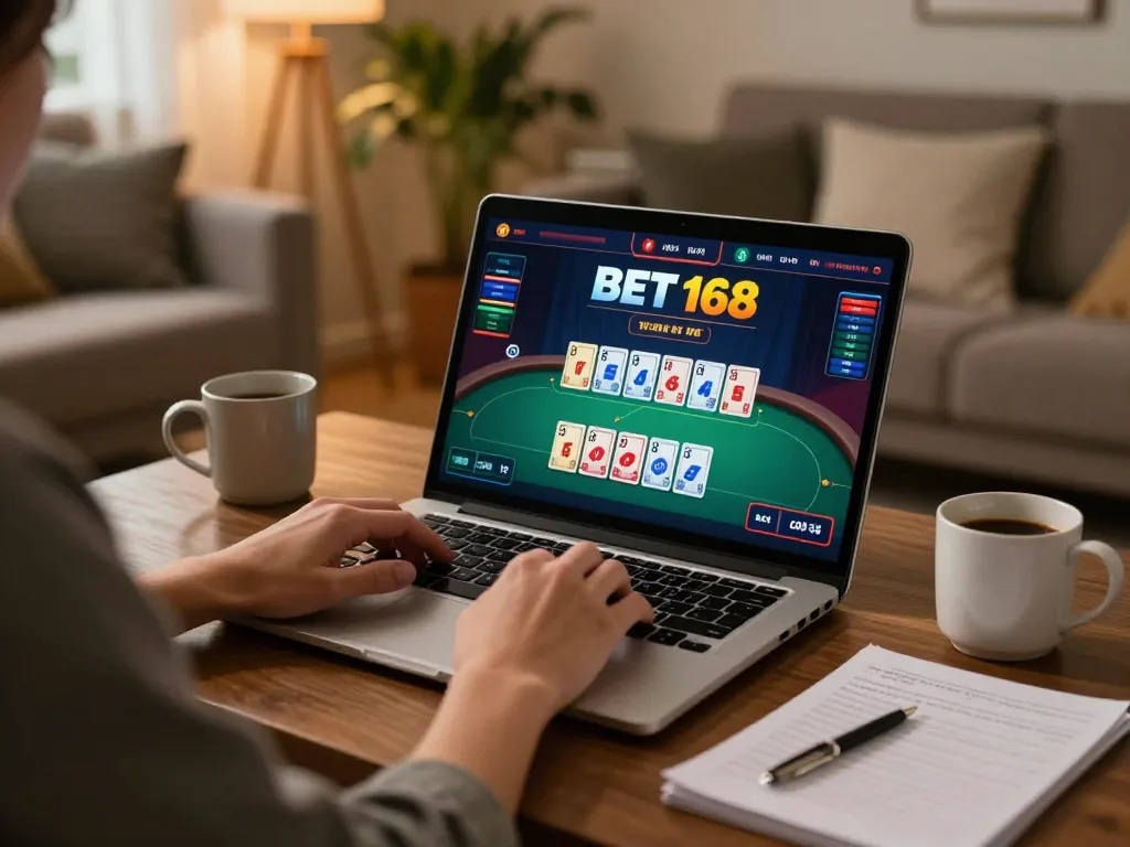 Engaged player exploring BET 168 online gambling from a cozy home setting.