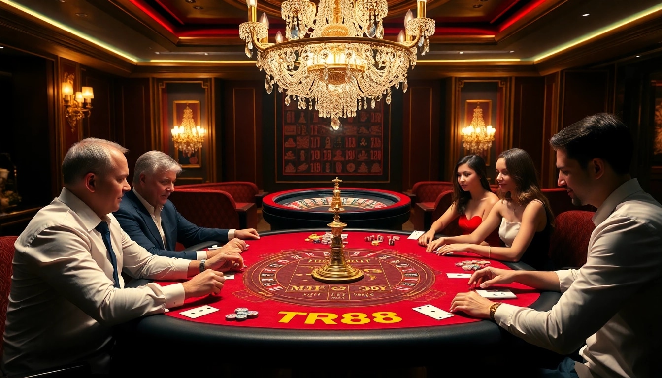 Players enjoying a thrilling poker game at TR88 Casino, surrounded by vibrant decor and excitement.