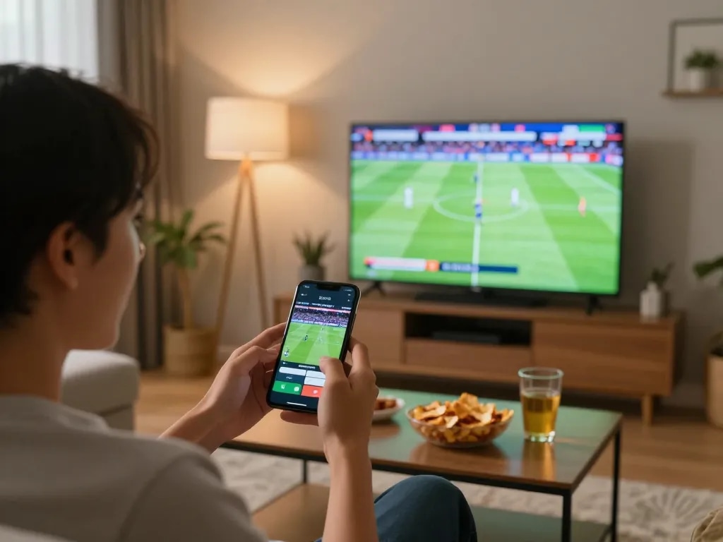 Socolive trực tiếp bóng đá engaging viewer watching a live match while placing bets on their smartphone in a modern living room.