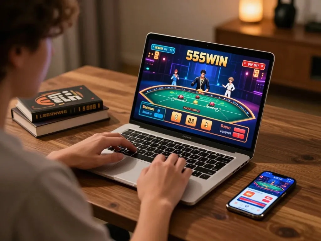 Experience dynamic live casino gaming interactions with 555WIN on a cozy laptop setup.