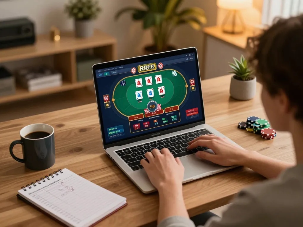 Player engaging with the RR88 online casino interface on a laptop, displaying an inviting home gaming environment.