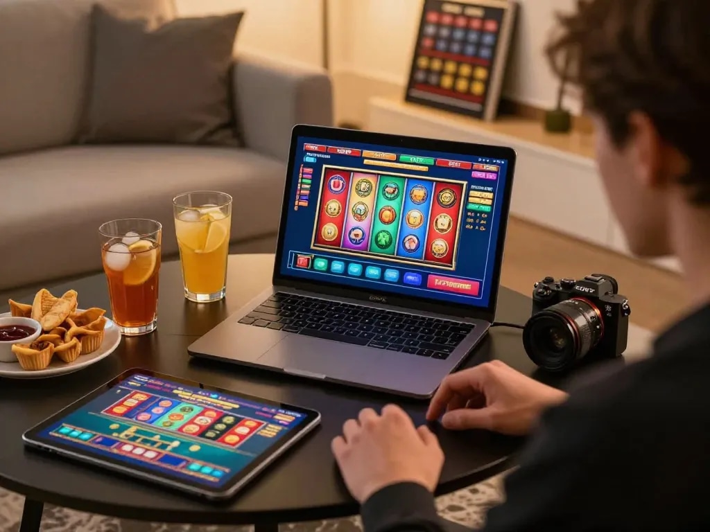 Engaging online gaming moment with nhà cái HM88 player focusing on slot machine game interface.
