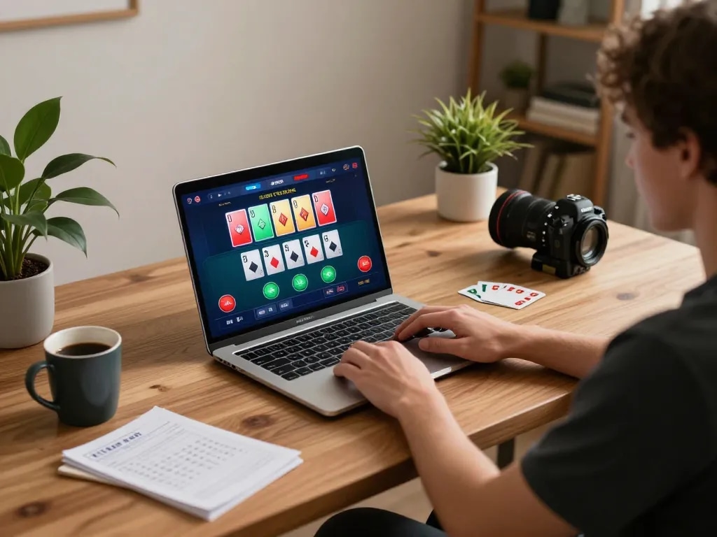 Player engaged in strategic poker game at home using laptop for bl555 online gaming, showcasing an inviting atmosphere