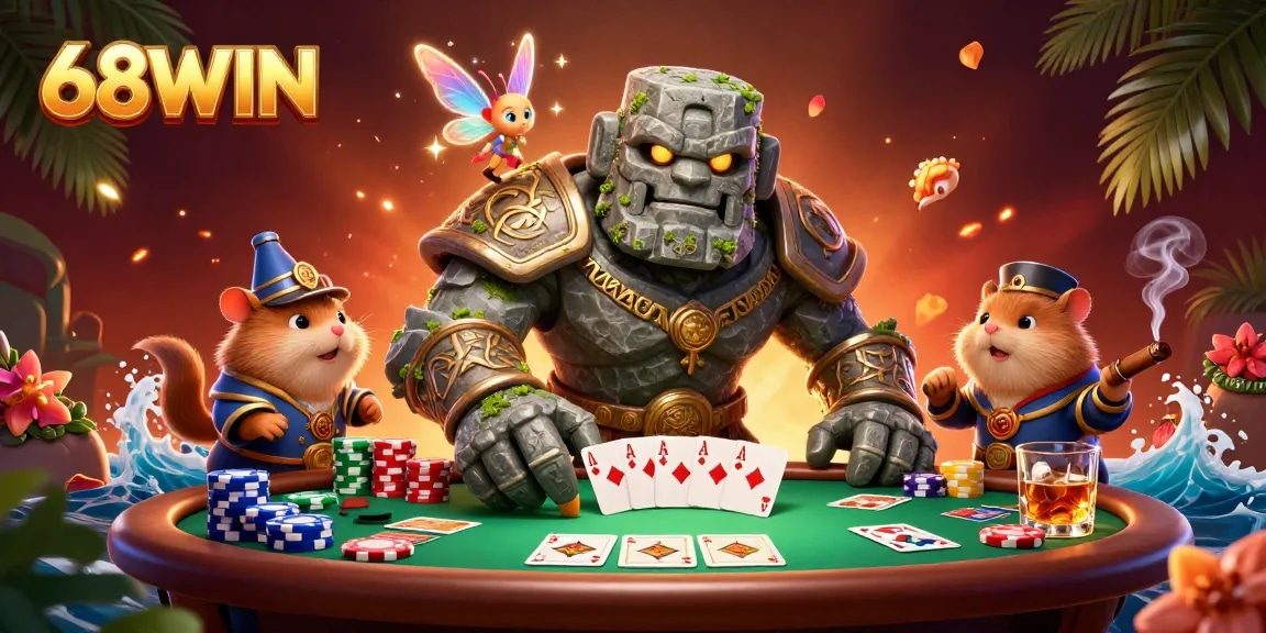 Experience excitement with 68WIN at a vibrant poker table with magical characters.