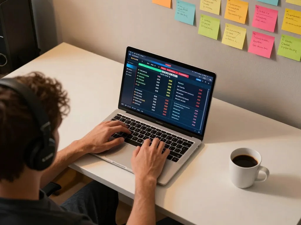 Player using 33win betting app on laptop for live sports odds in stylish home office.