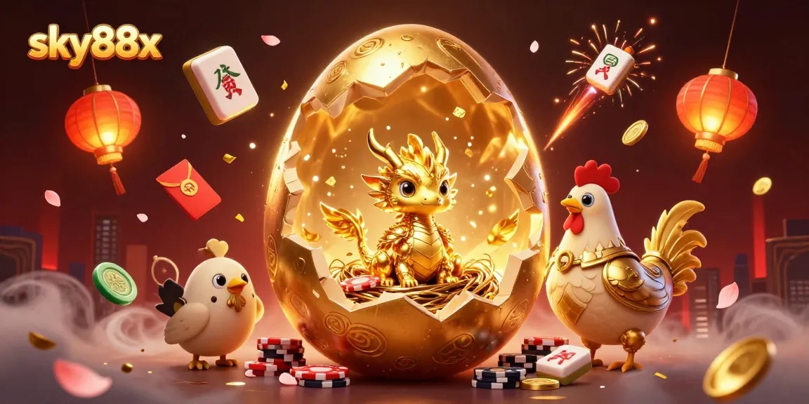 Experience thrilling gameplay at sky88x with a golden dragon guarding poker chips amidst festive elements.
