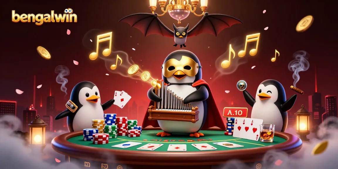 Bengalwin brings excitement with a 3D penguin playing an organ shooting coins amidst poker elements.