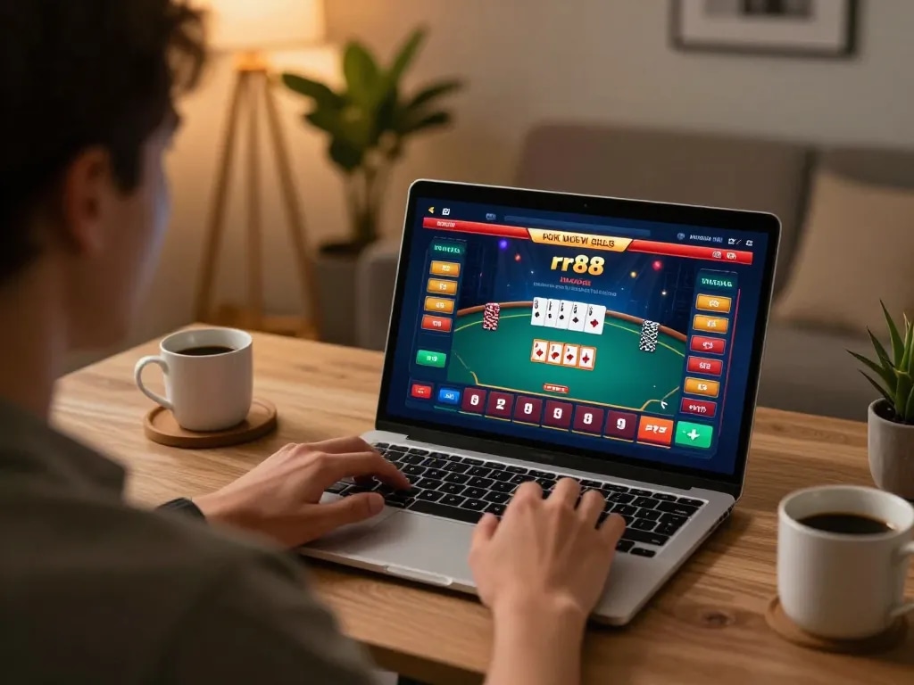 Engaging player enjoying rr88 poker game on a laptop in modern home setup, showcasing strategic online gambling.