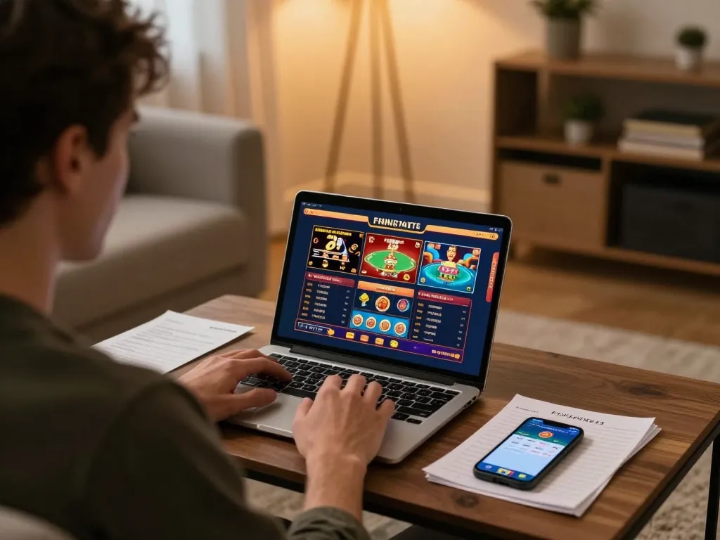 Engaged player using 258bet to explore gambling strategies on a cozy setup with warm lighting.