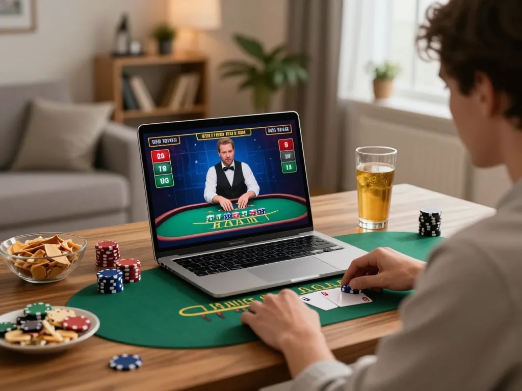 Engaged player strategizing bets on tip88 during an intense live dealer blackjack game at home