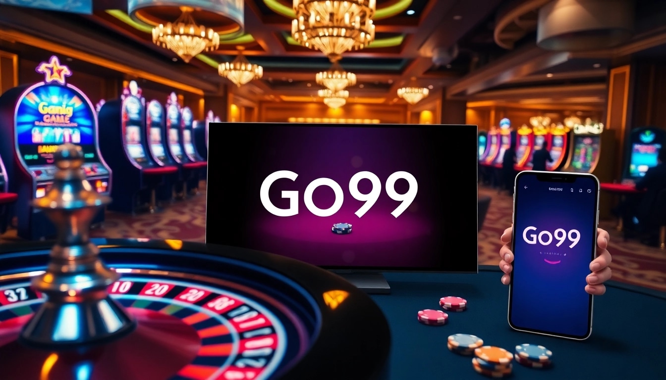 Excited players enjoying a game at Go99's upscale casino platform with roulette wheels and slot machines.