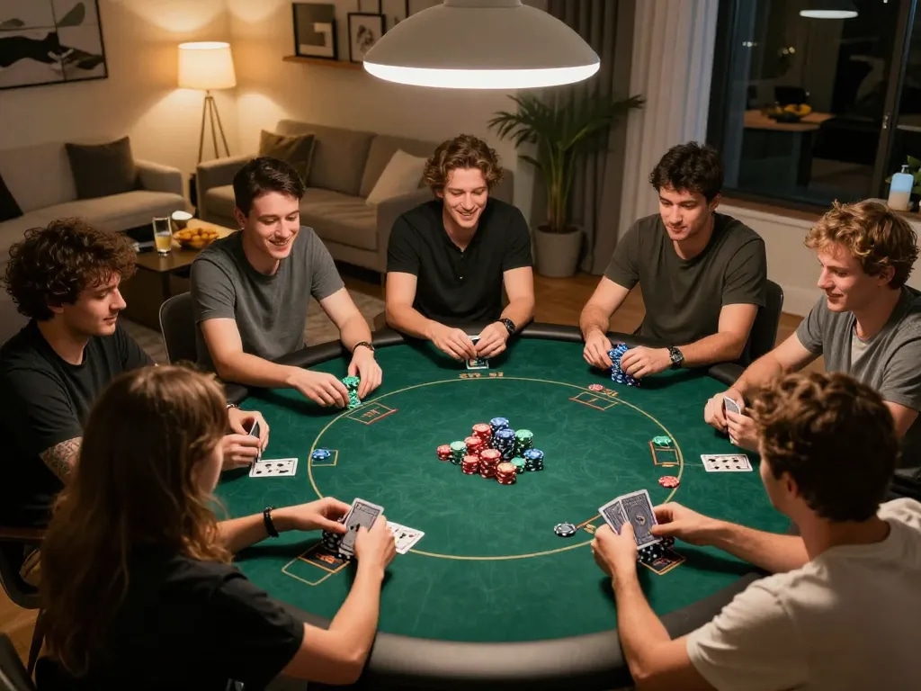 Players engage in a lively poker game at home, showcasing Go99’s strategic gaming experience