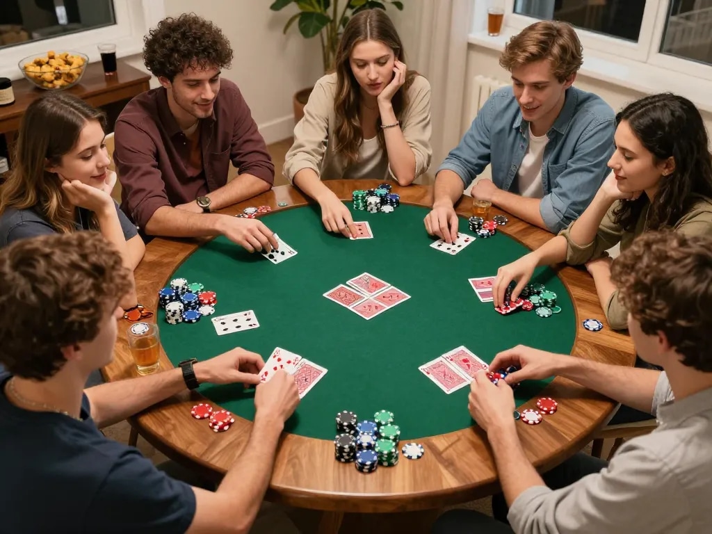 Tài xỉu md5 bet at exciting home poker night with friends around a table.