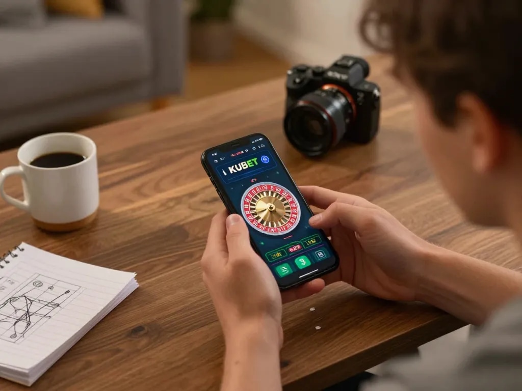 KUBET player excitedly watches the roulette wheel spin on their smartphone while enjoying a cozy home gaming session.
