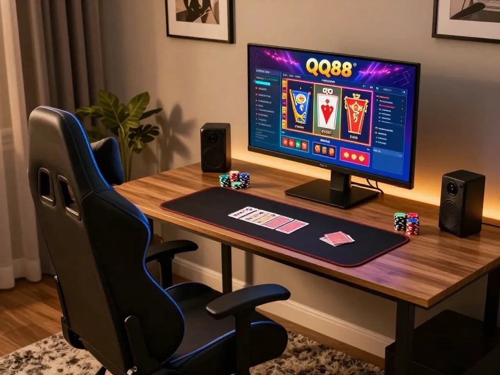 Engaging with QQ88 online casino games on a modern gaming setup featuring poker and slots.