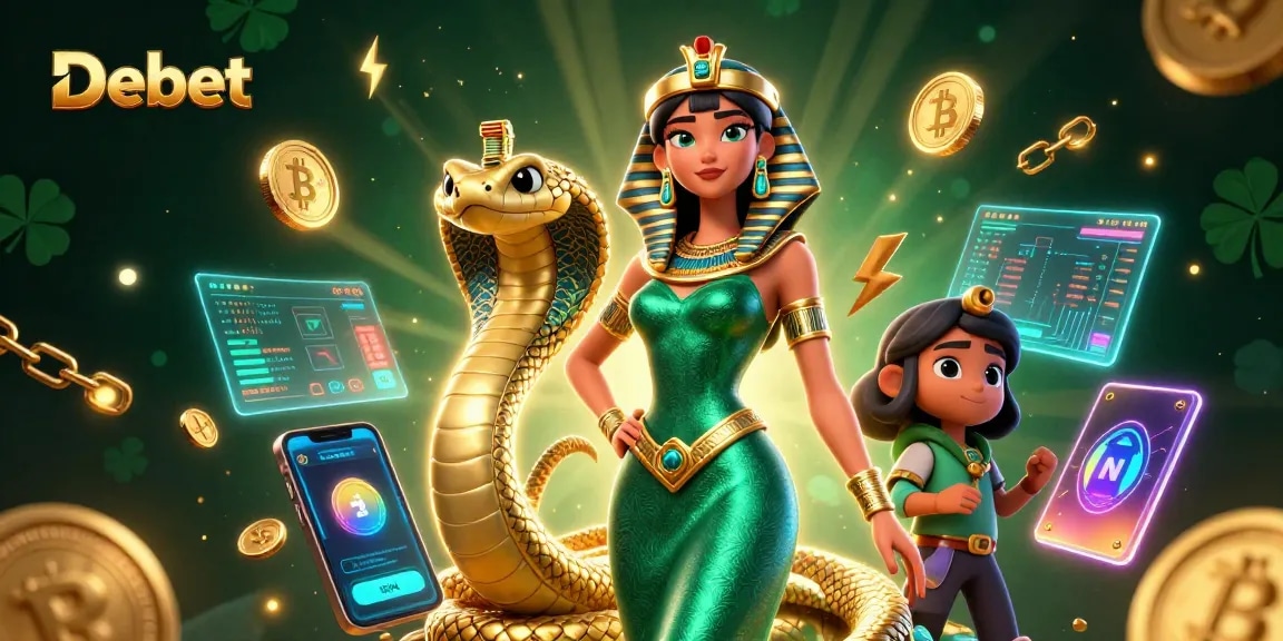 Engage with Debet's thrilling casino scene featuring an enchanting woman and crypto elements.