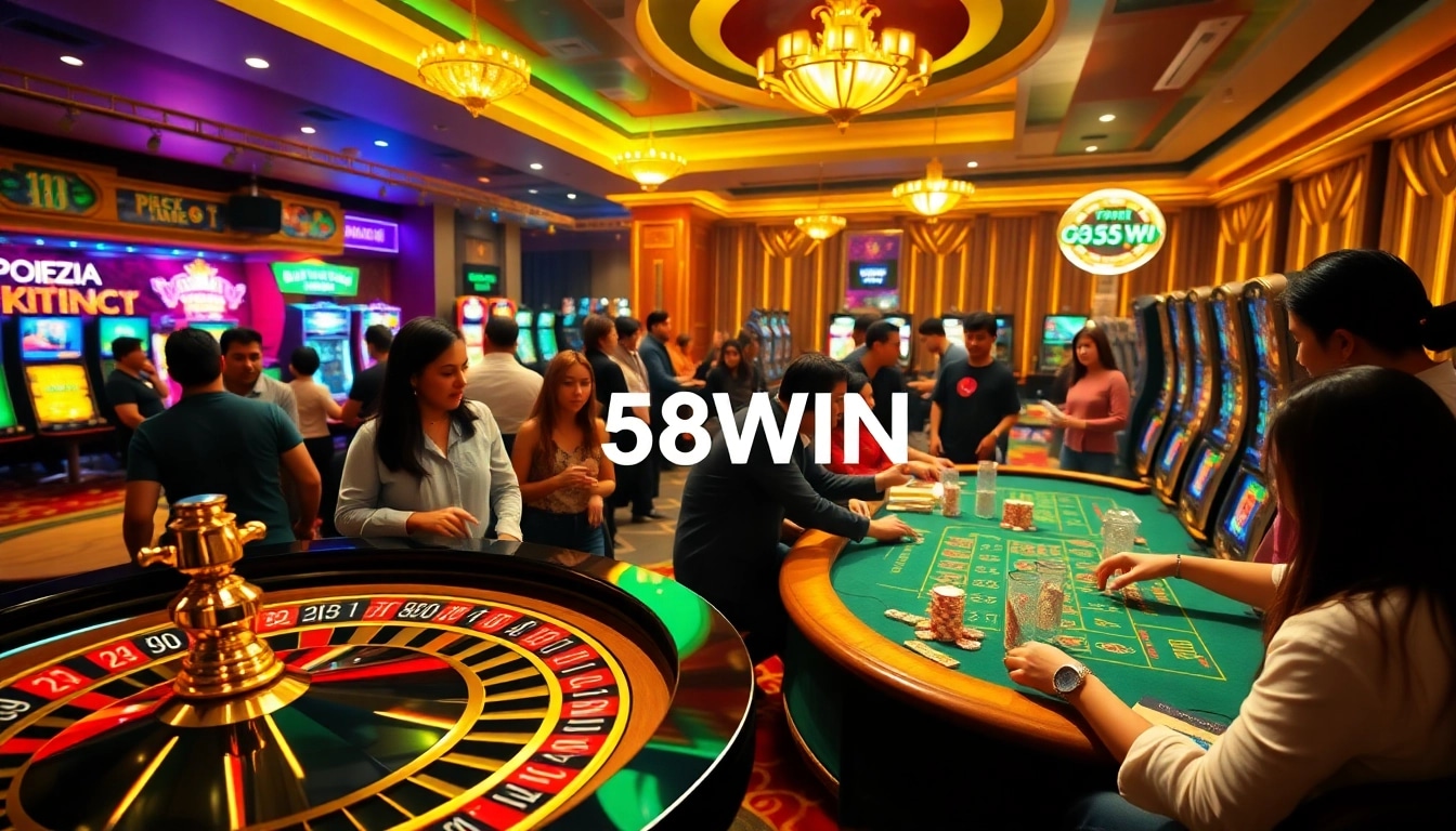 Excited players enjoying games at nhà cái 58WIN casino with vibrant decorations and engaging atmosphere.