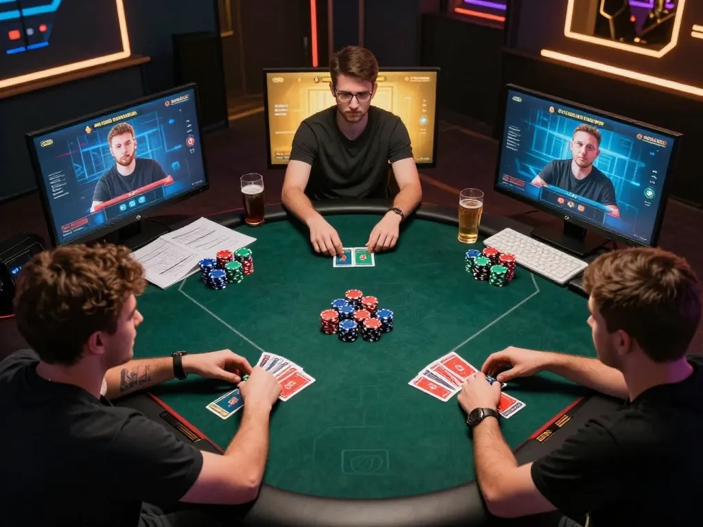 Players engaged in a vibrant online poker game on 99ok, with chips and cards displayed.