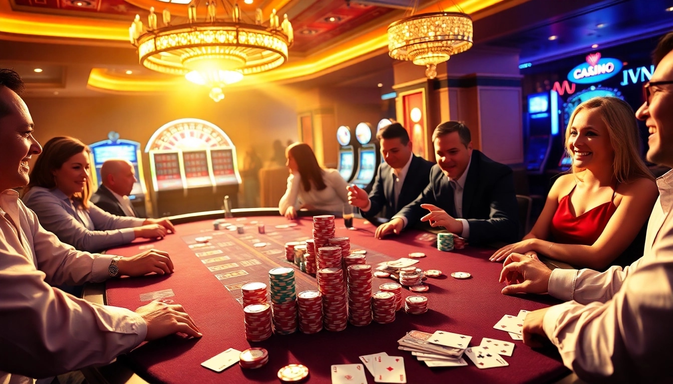 Action-packed casino scene illustrating tỷ lệ nhà cái with excited players at a gambling table.
