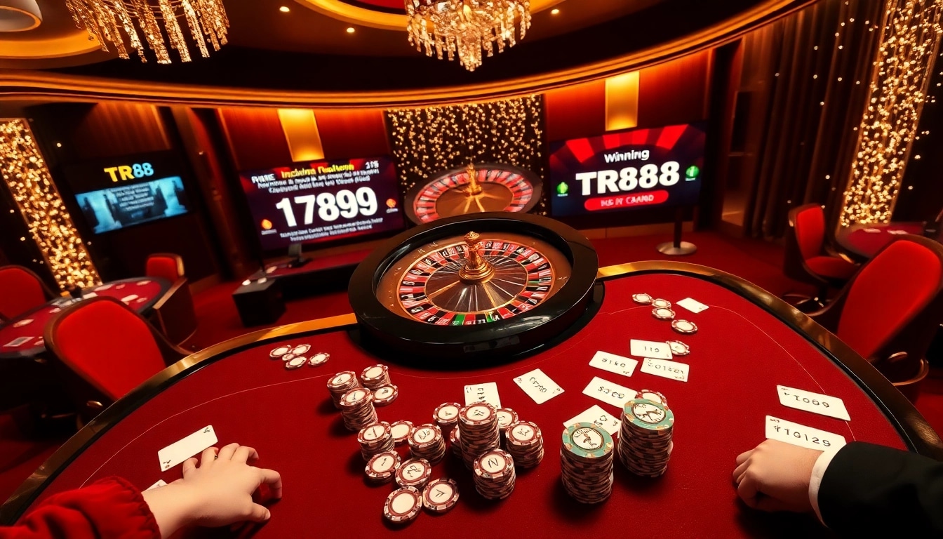 Experience the excitement of TR88 with players enjoying a glamorous casino scene, filled with poker chips and a roulette wheel.