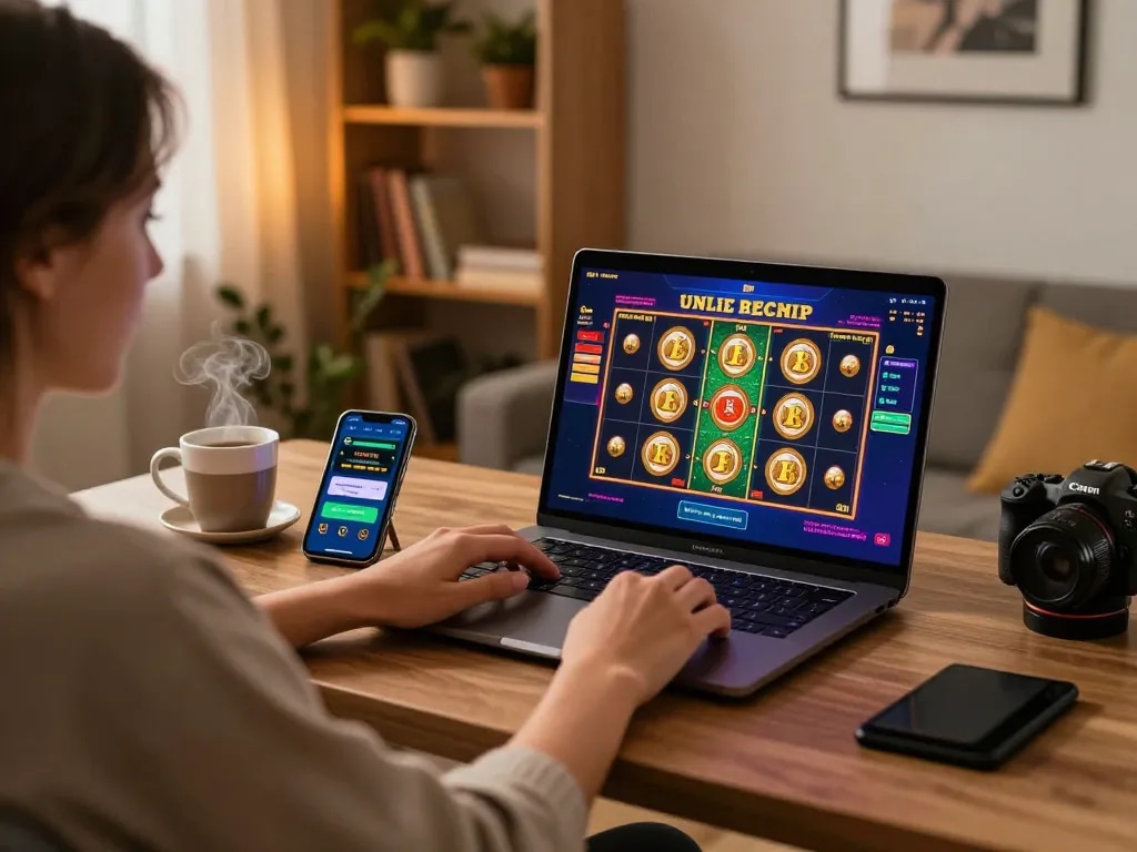 Engaging gaming experience at home with hay win slot app displayed on laptop.