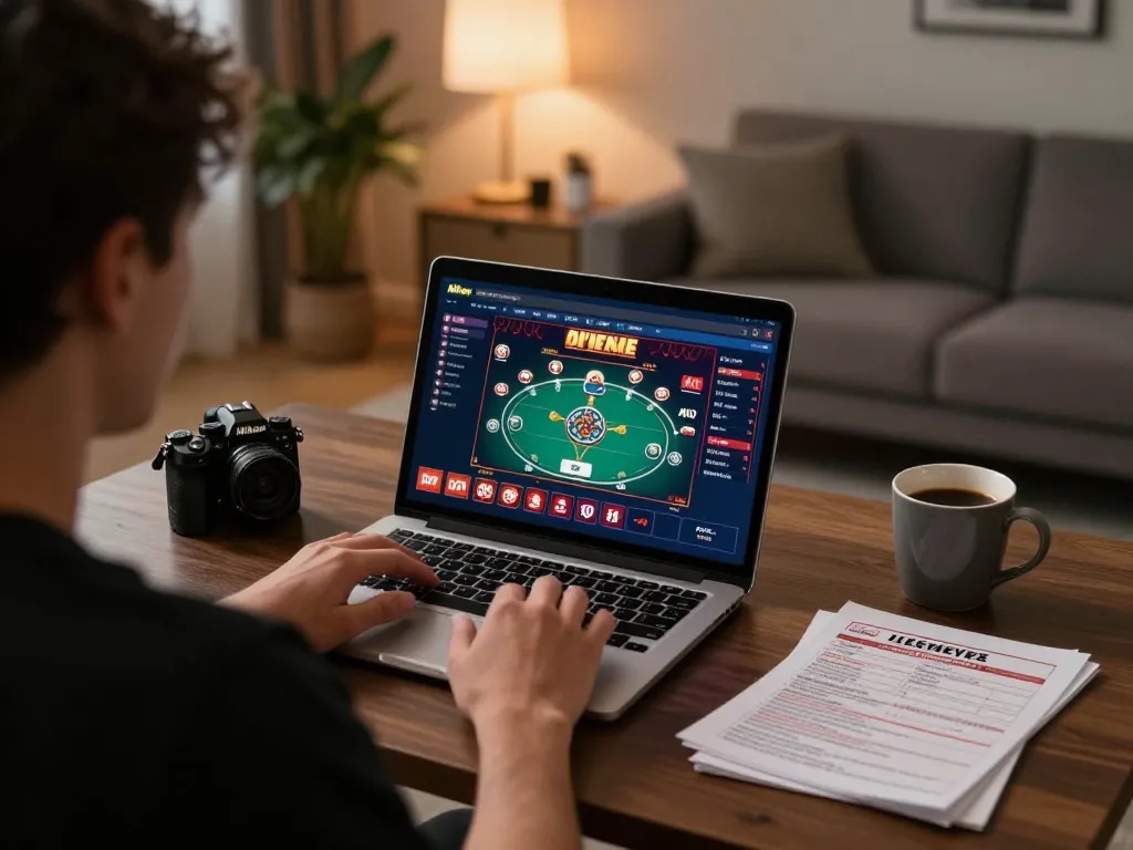 Engaging online poker gameplay scene at Nk881 sa com with cozy home setting