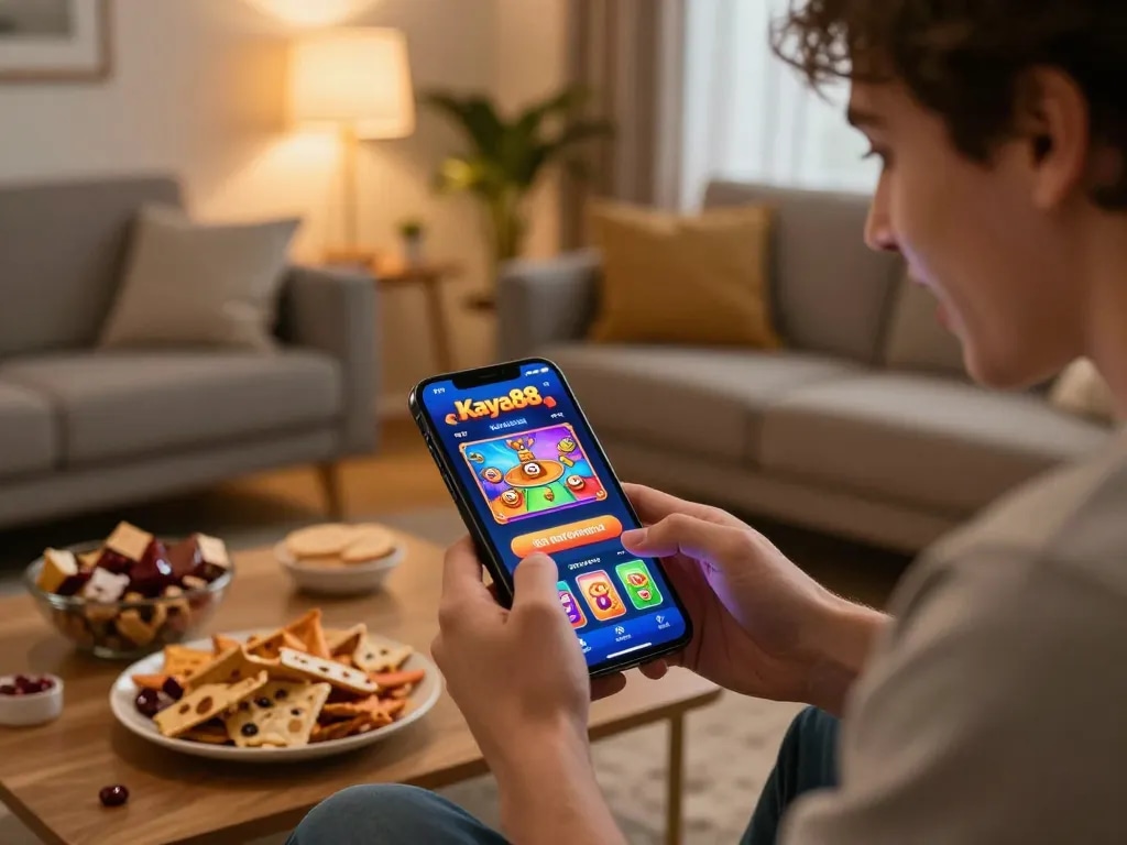 Kaya88 mobile gaming experience with vibrant bonus graphics in a cozy home setting