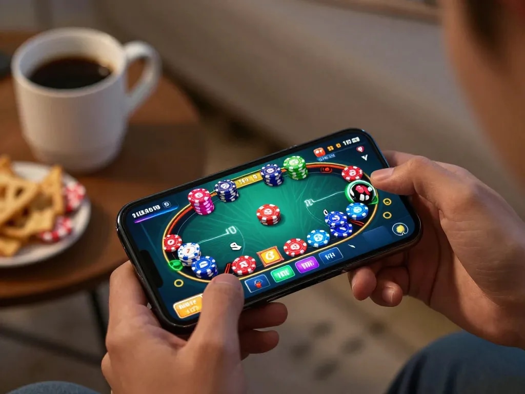 xóc đĩa online gameplay on a smartphone with colorful chips and engaging interface.