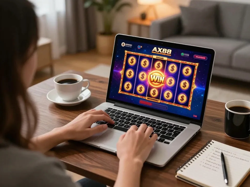 Engaged player enjoying slot games on AX88 com at home with strategy notes.