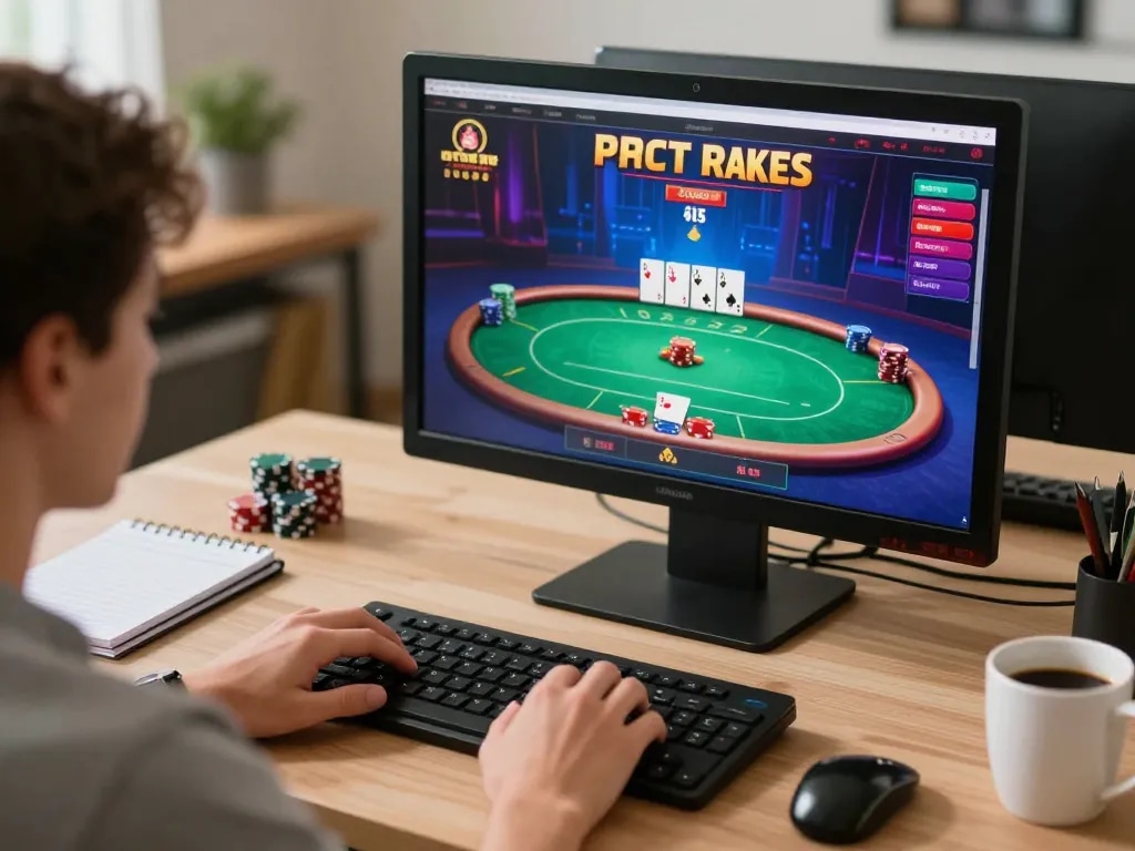 Engaging online poker game experience at home with MMOO interface on screen.