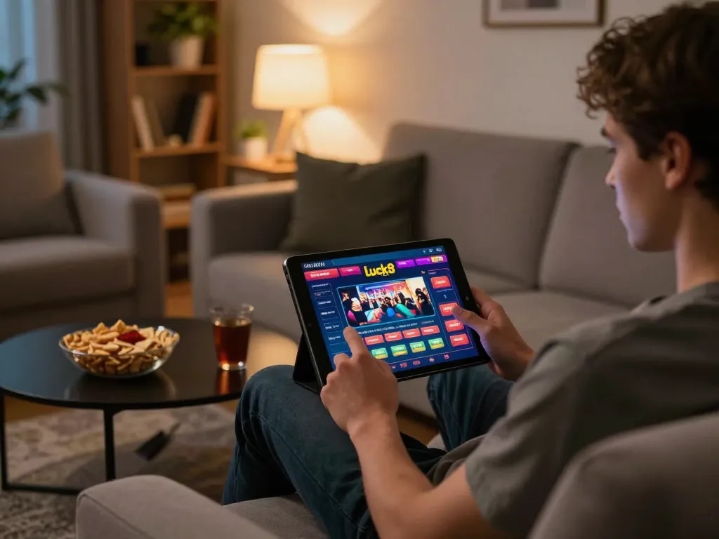 Engaging in a luck8 bet on a tablet in a cozy home gaming setup, showcasing online casino interaction.