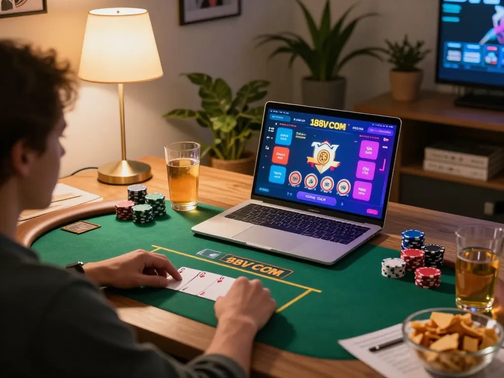 Engaged player strategizing in 188V COM poker game at home gaming setup