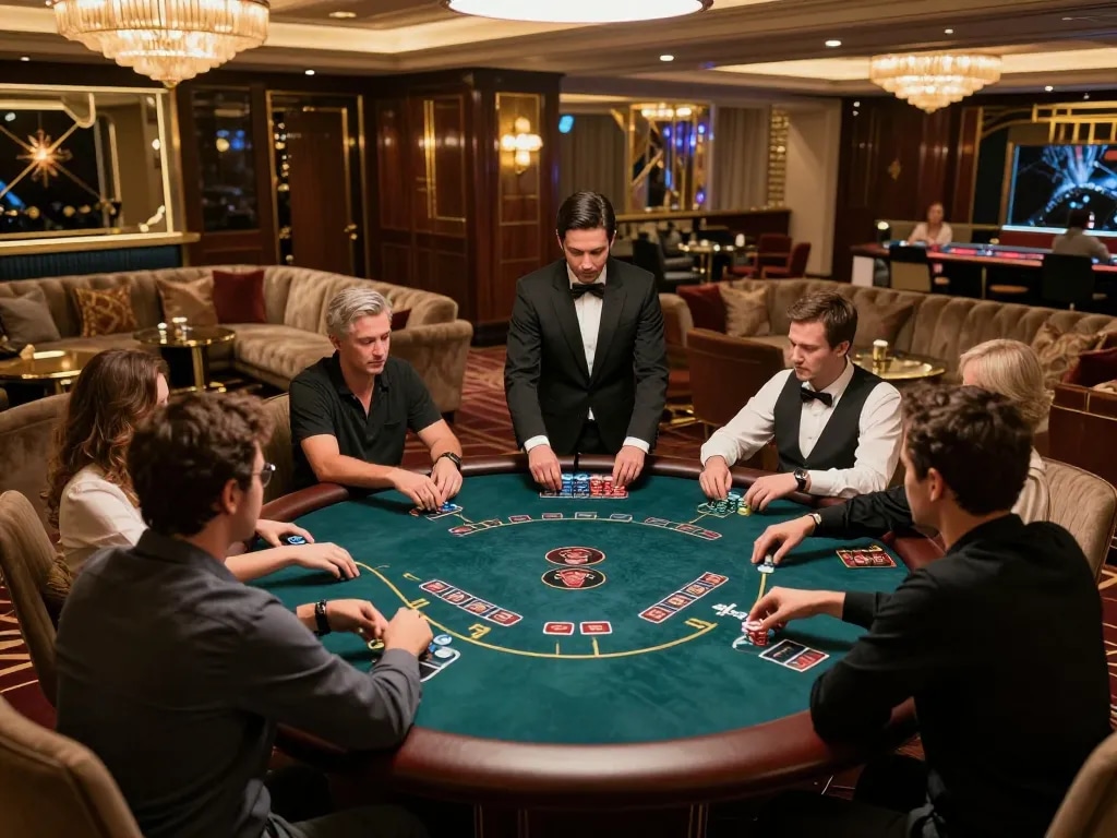 Engaging poker game scene at hit club VIP area with players in action and luxurious ambiance
