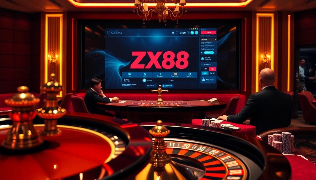 Exciting casino action at https://zx88.live/ featuring a lively poker table and roulette wheel.