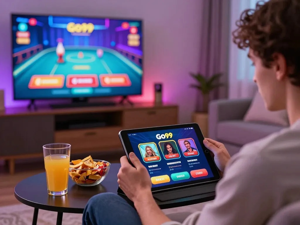 Engaging with Go99 casino app at home, showcasing vibrant online gaming experience.