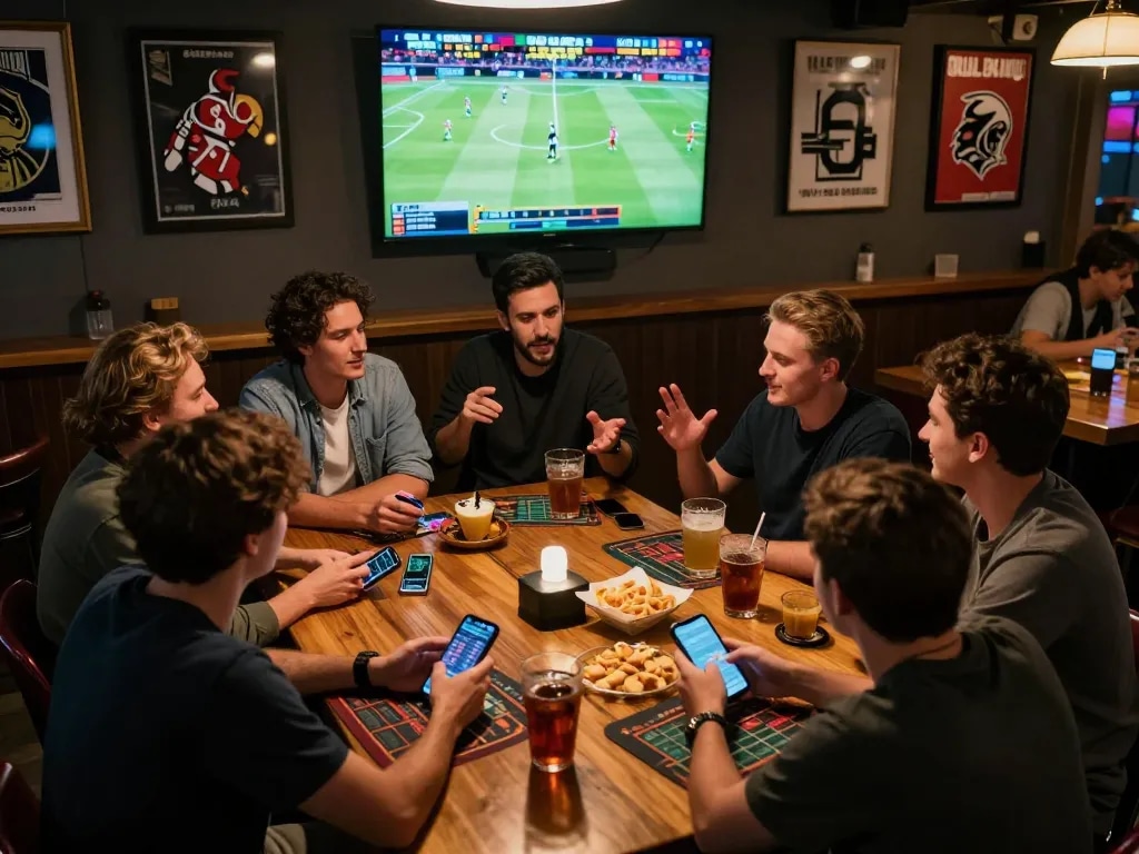 Enthusiastic friends enjoy keo nha cai at a lively sports betting session, screens glowing and drinks on the table
