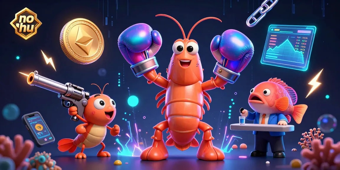 Engage in exciting no hu gaming with vibrant characters and glowing crypto elements in this casino-themed illustration.