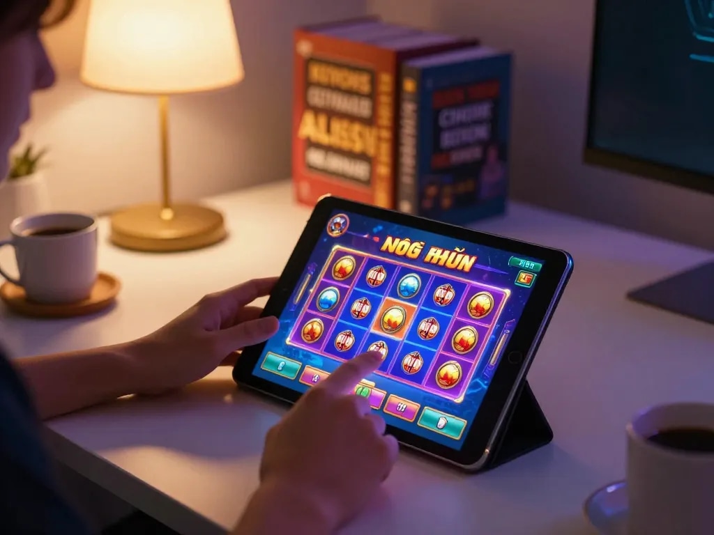 Engaging in nổ hũ slot gaming on a tablet in a cozy home office