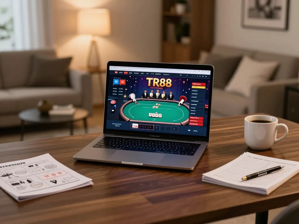 Engaging with TR88 online casino while strategizing for better odds in a cozy home office