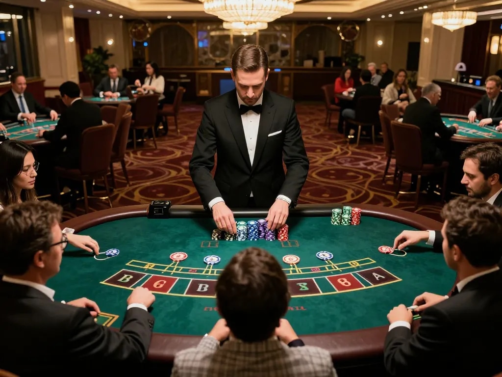 LUCK8 players engaged in high-stakes Baccarat game at upscale casino with stylish decor