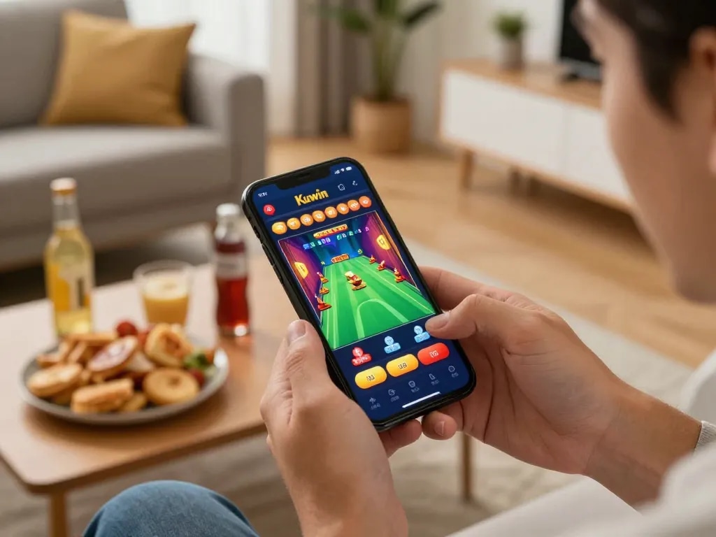 Kuwin online gambling experience with a player engaged in mobile betting, enjoying a cozy home environment.
