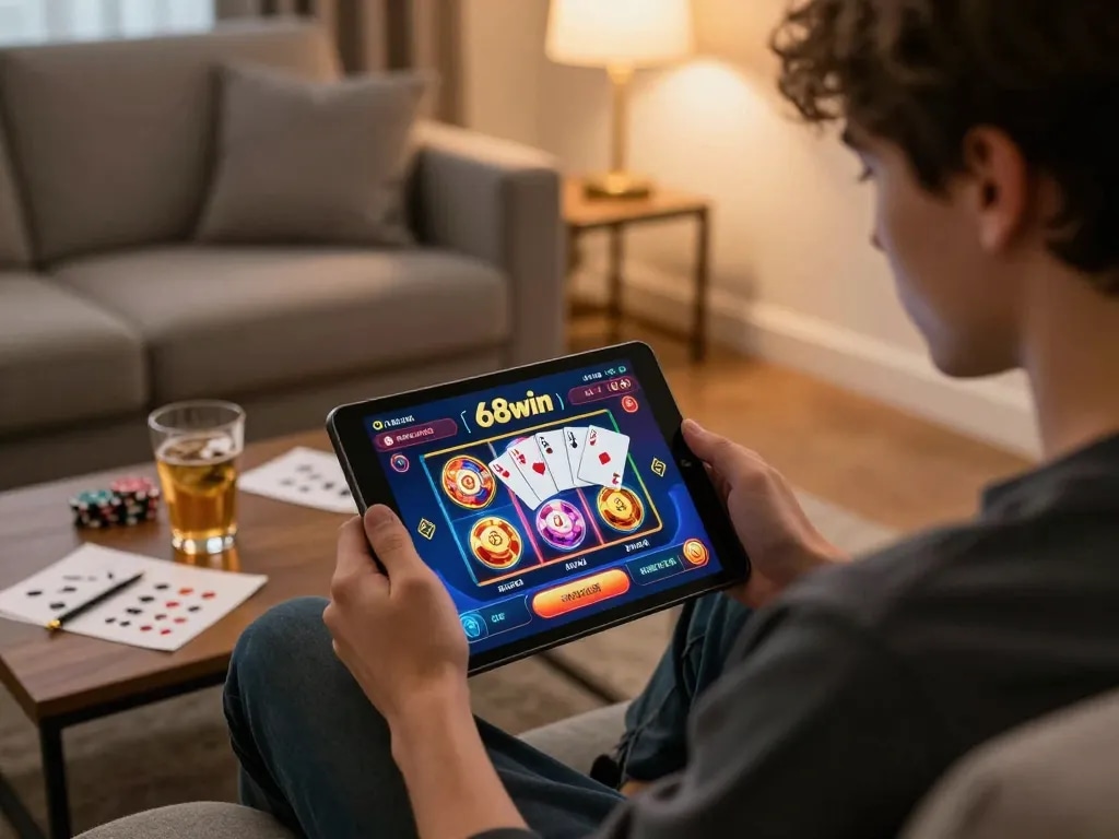 Engaged player exploring 68win online casino on a tablet while enjoying home gaming comforts.