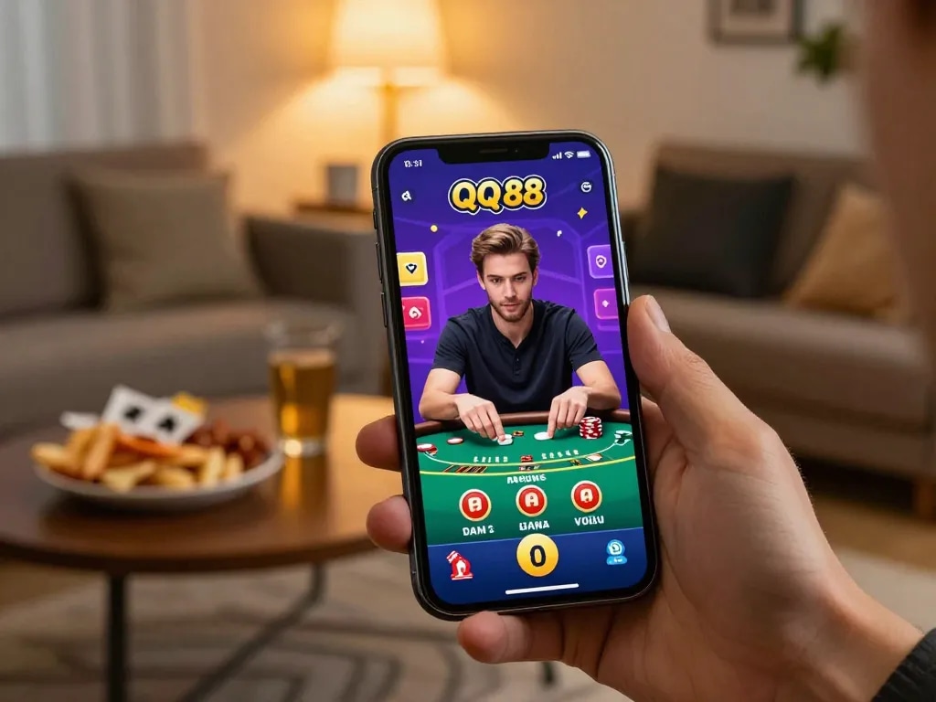 Player engaged with QQ 88 mobile casino app experiencing live blackjack game.