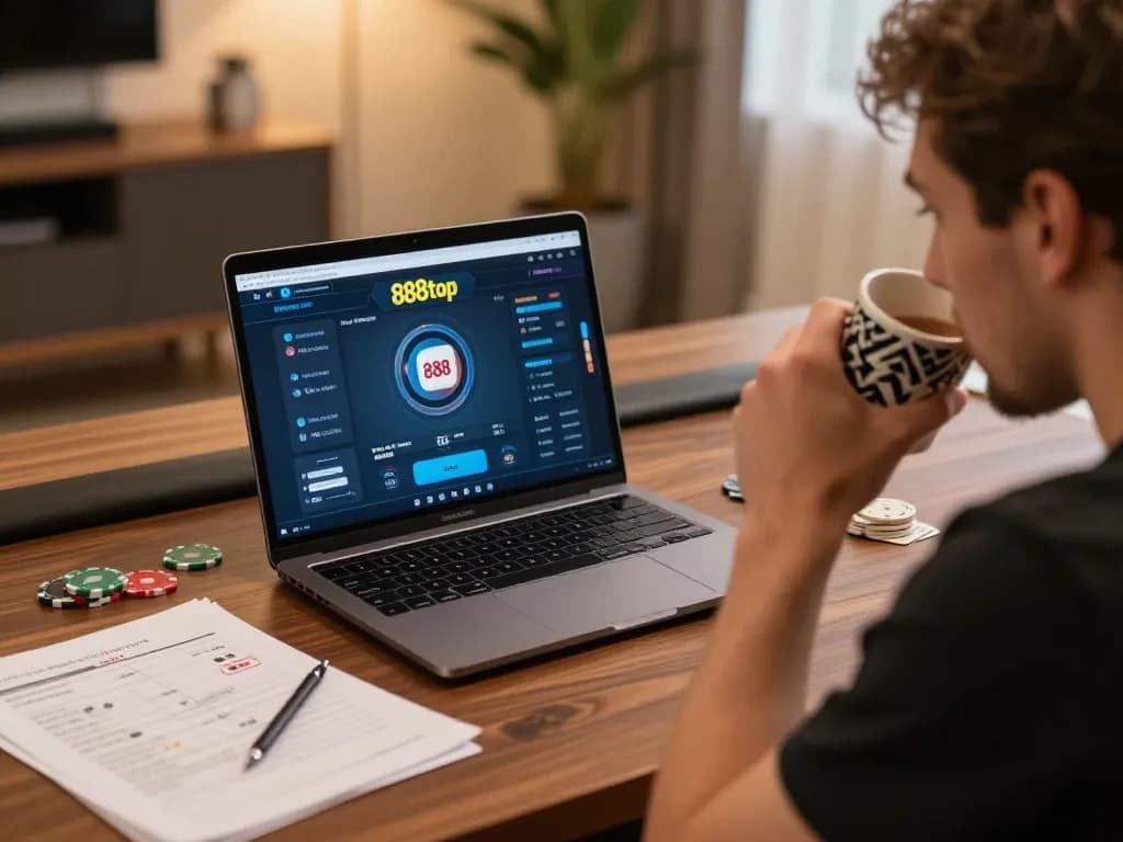 Player enjoying a strategic game on 888top poker interface at home, highlighting responsible gaming.