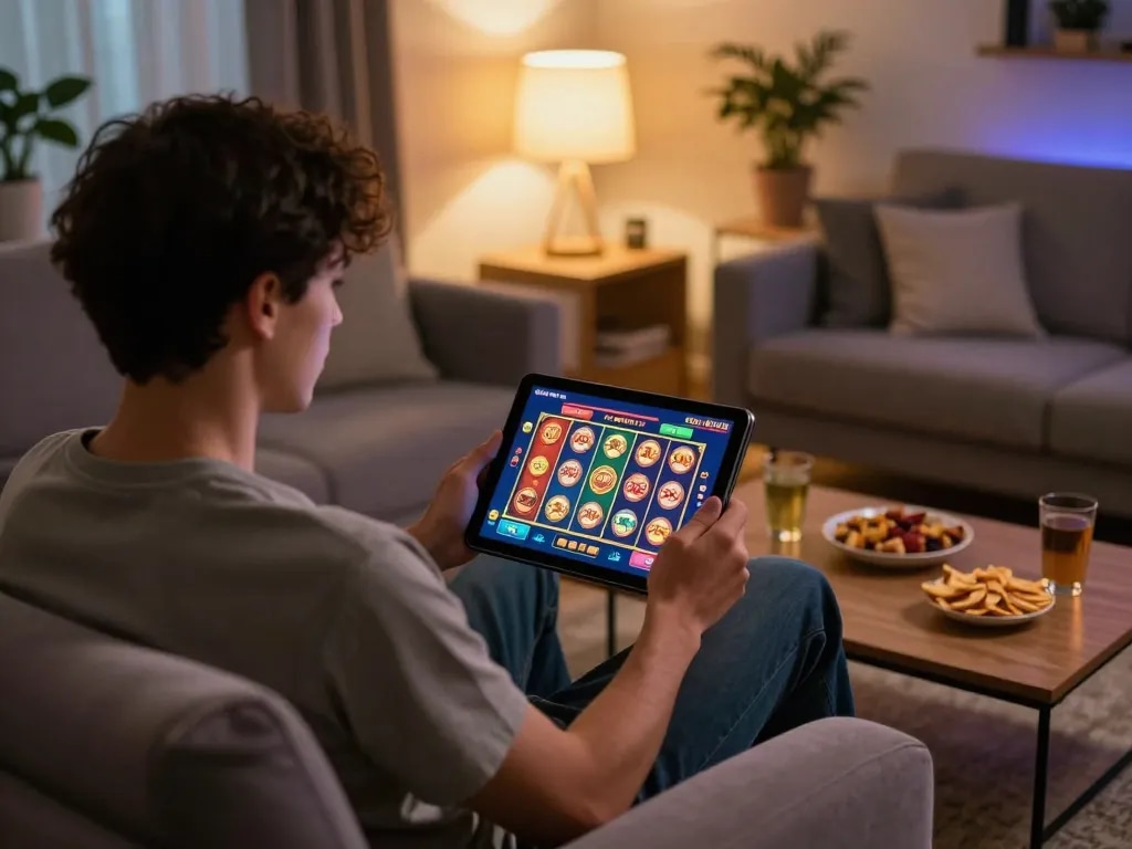 Pemain yang terlibat dalam permainan slot toto di tablet di lingkungan rumah yang nyaman.