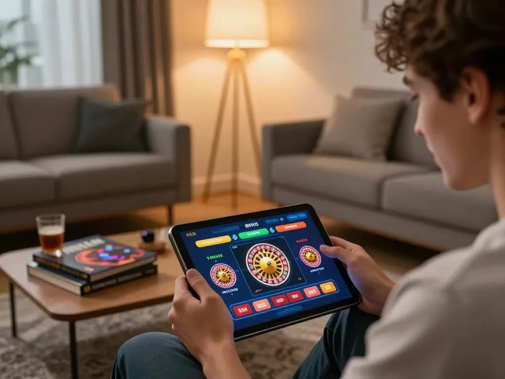 sunwin players enjoying intense online roulette action on tablet in cozy home setting