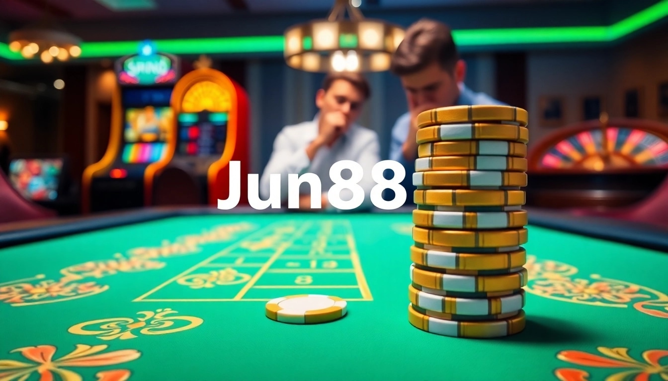 Experience thrilling gameplay at Jun88's elegant casino, featuring exciting poker chips and a roulette wheel.