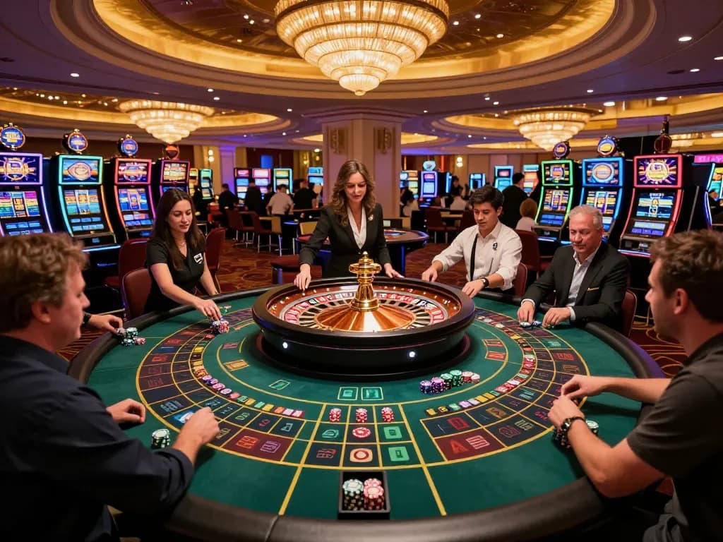Players placing bets at a roulette table in a vibrant casino setting highlighting https://f1686s.com/ betting excitement.