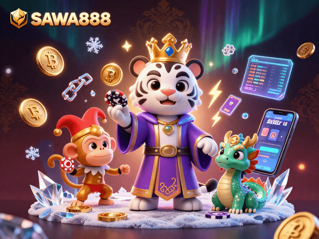 Engage with SAWA888's dynamic casino experience amidst vibrant characters and crypto elements.