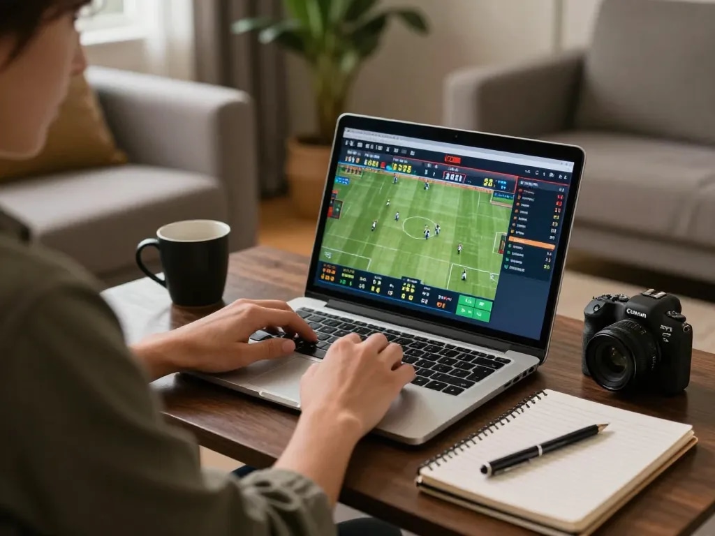 Vin777 user strategically placing bets on sports events from a cozy home setup with a laptop